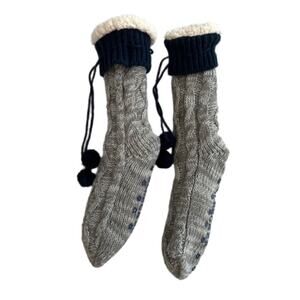 Jane And Bleecker Sherpa Fleece Lined Cable Knit Slipper Socks NWOT NAVY/Gray